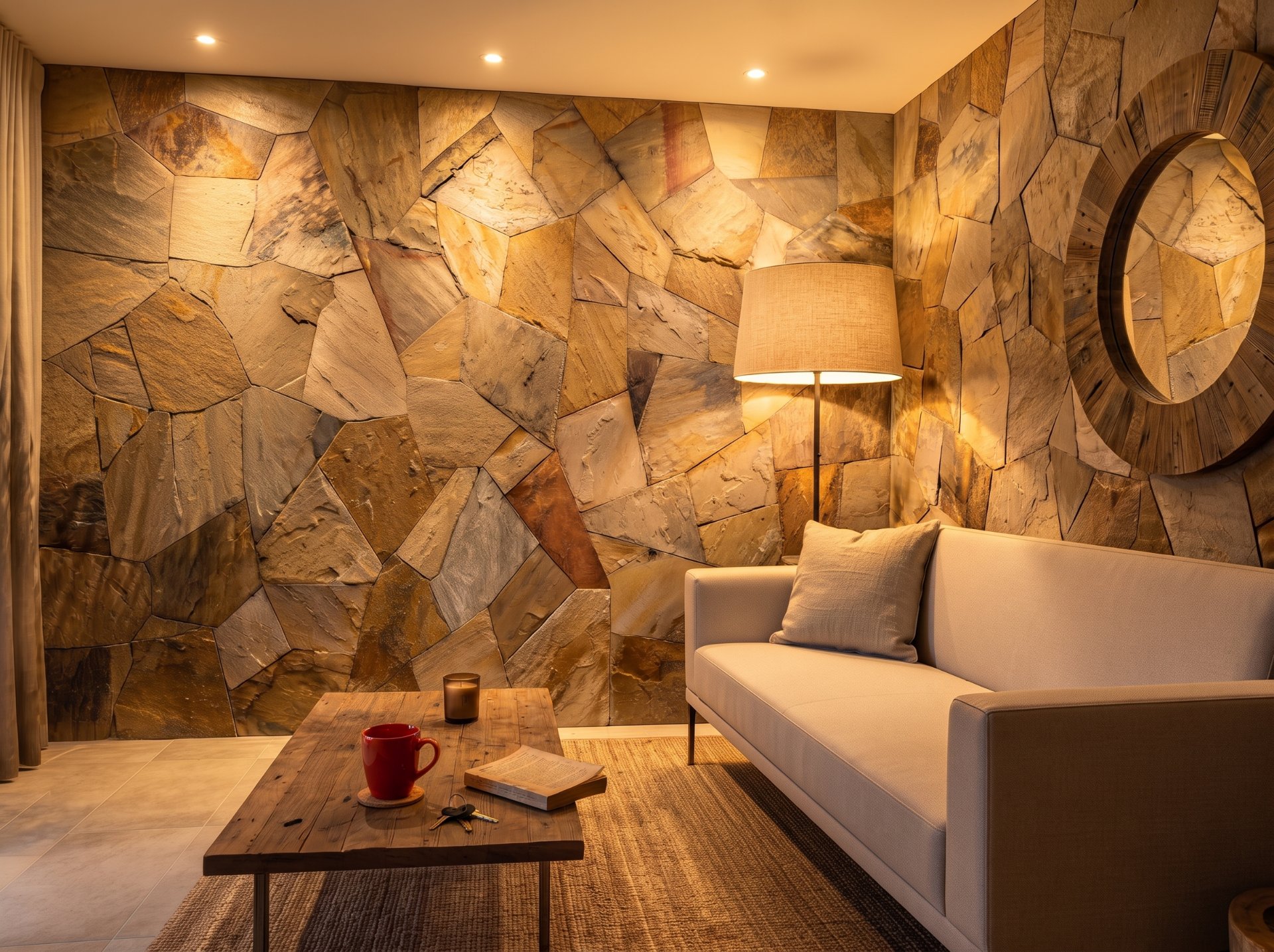 Sala con muro de piedra natural y sofá