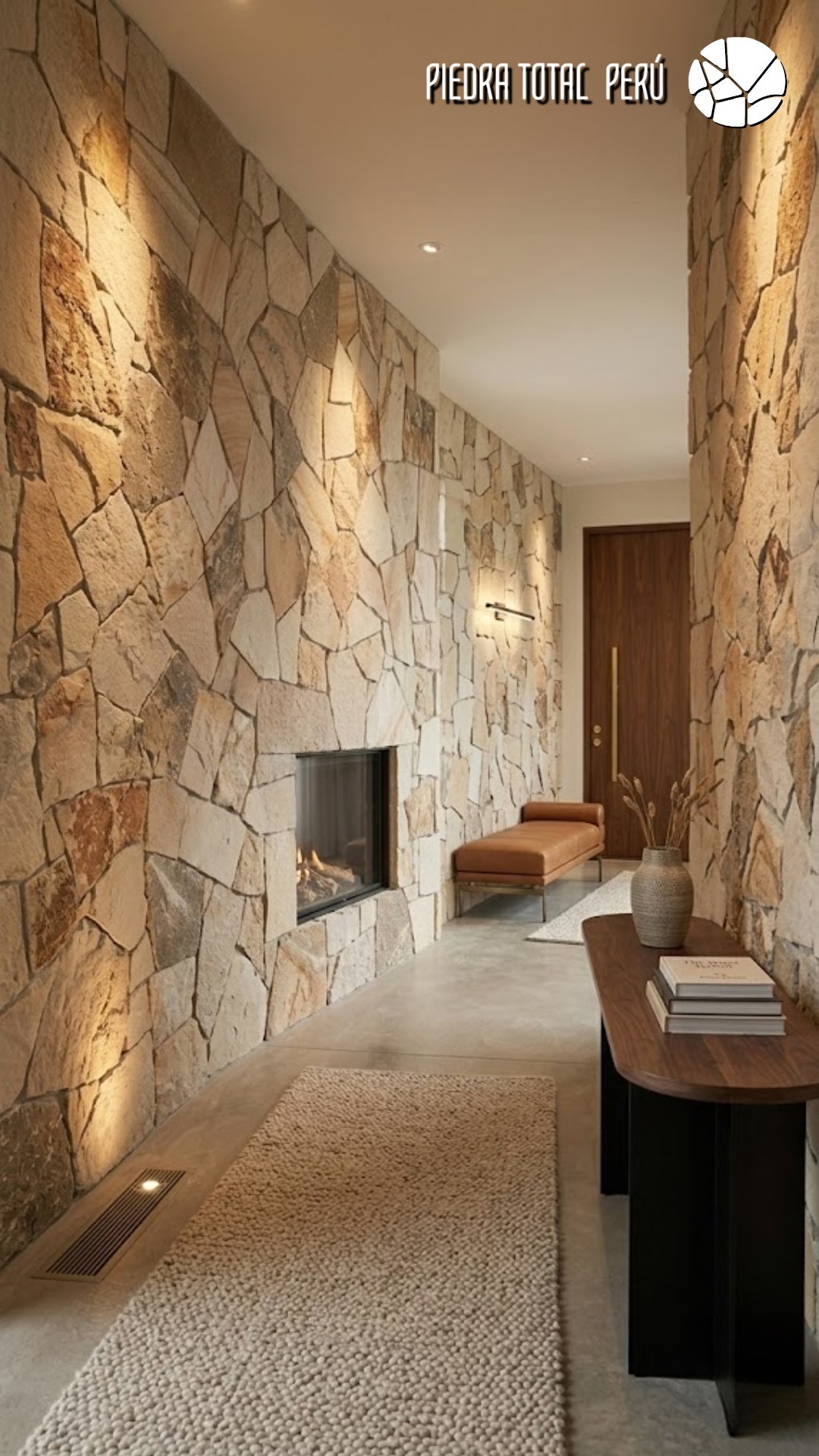 Sala con chimenea en muro de piedra natural